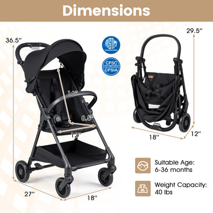 Lightweight Travel Stroller with Canopy and Storage Basket