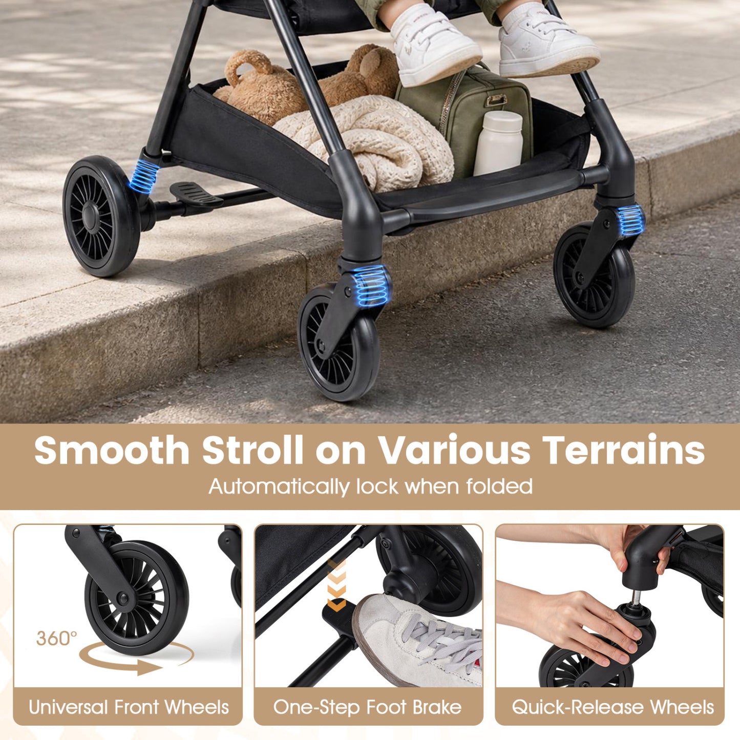 Lightweight Travel Stroller with Canopy and Storage Basket