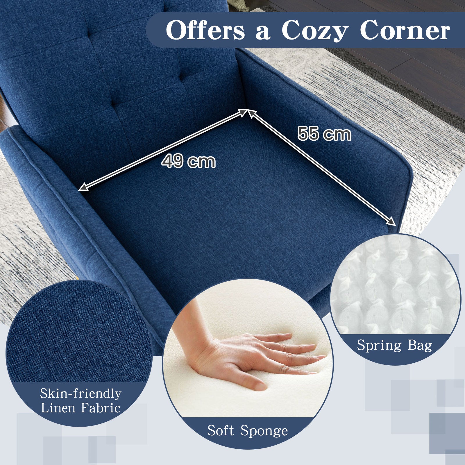 Linen Fabric Accent Chair with Removable Seat Cushion-Blue