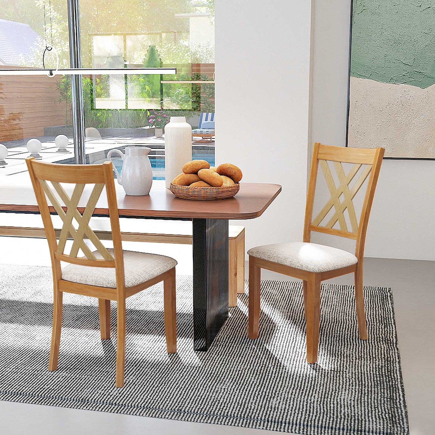 Linen Fabric Upholstered Wooden Dining Chair Set of 2 with Rubber Wood Frame for Dining Room-Natural