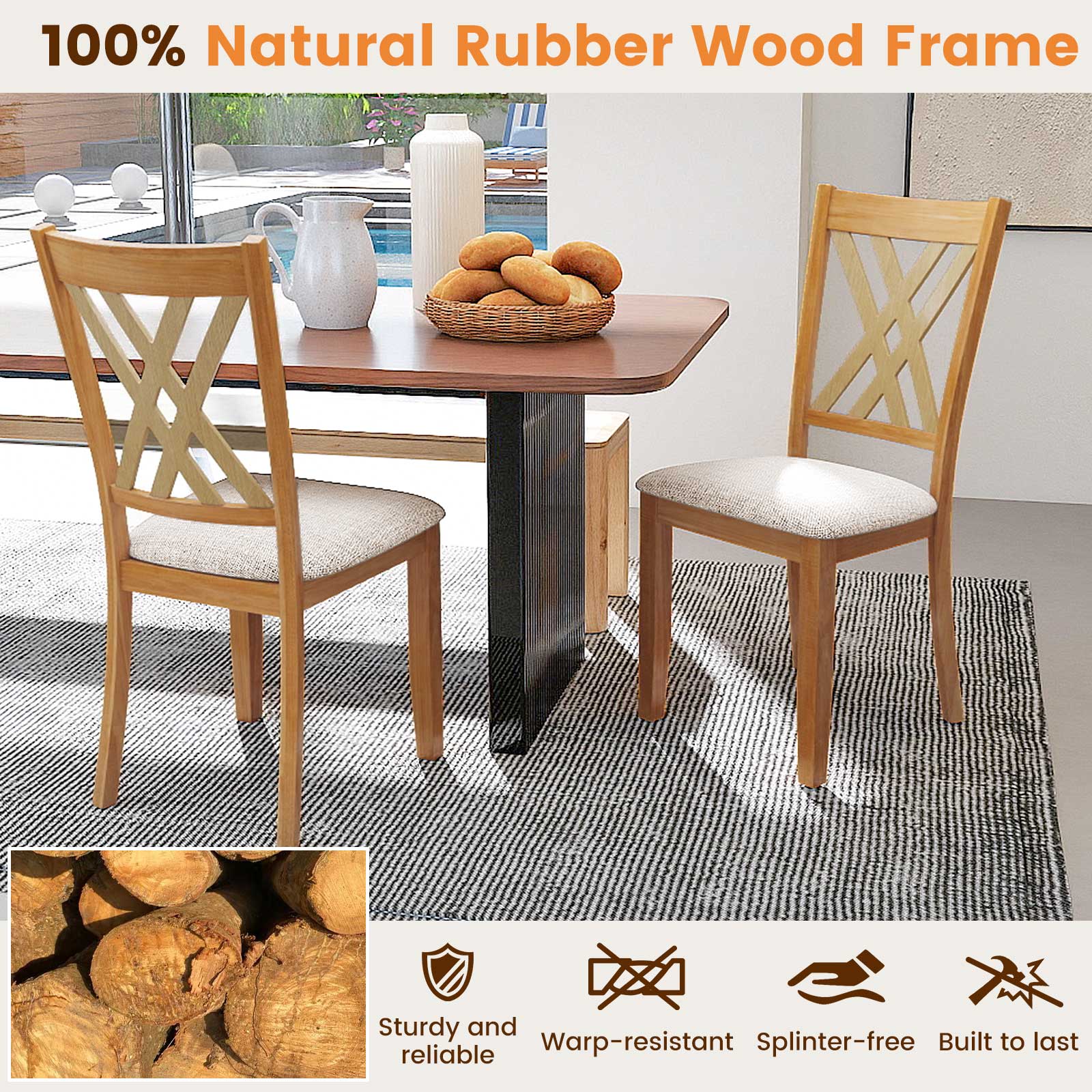 Linen Fabric Upholstered Wooden Dining Chair Set of 2 with Rubber Wood Frame for Dining Room-Natural
