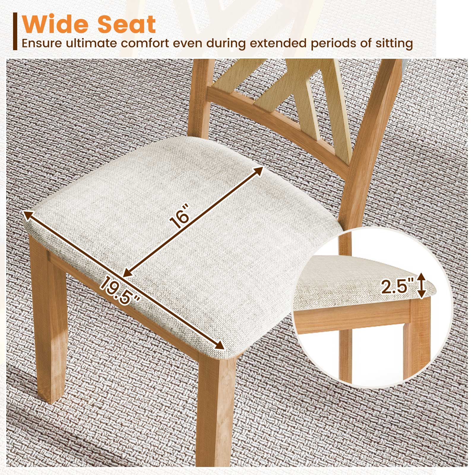 Linen Fabric Upholstered Wooden Dining Chair Set of 2 with Rubber Wood Frame for Dining Room-Natural