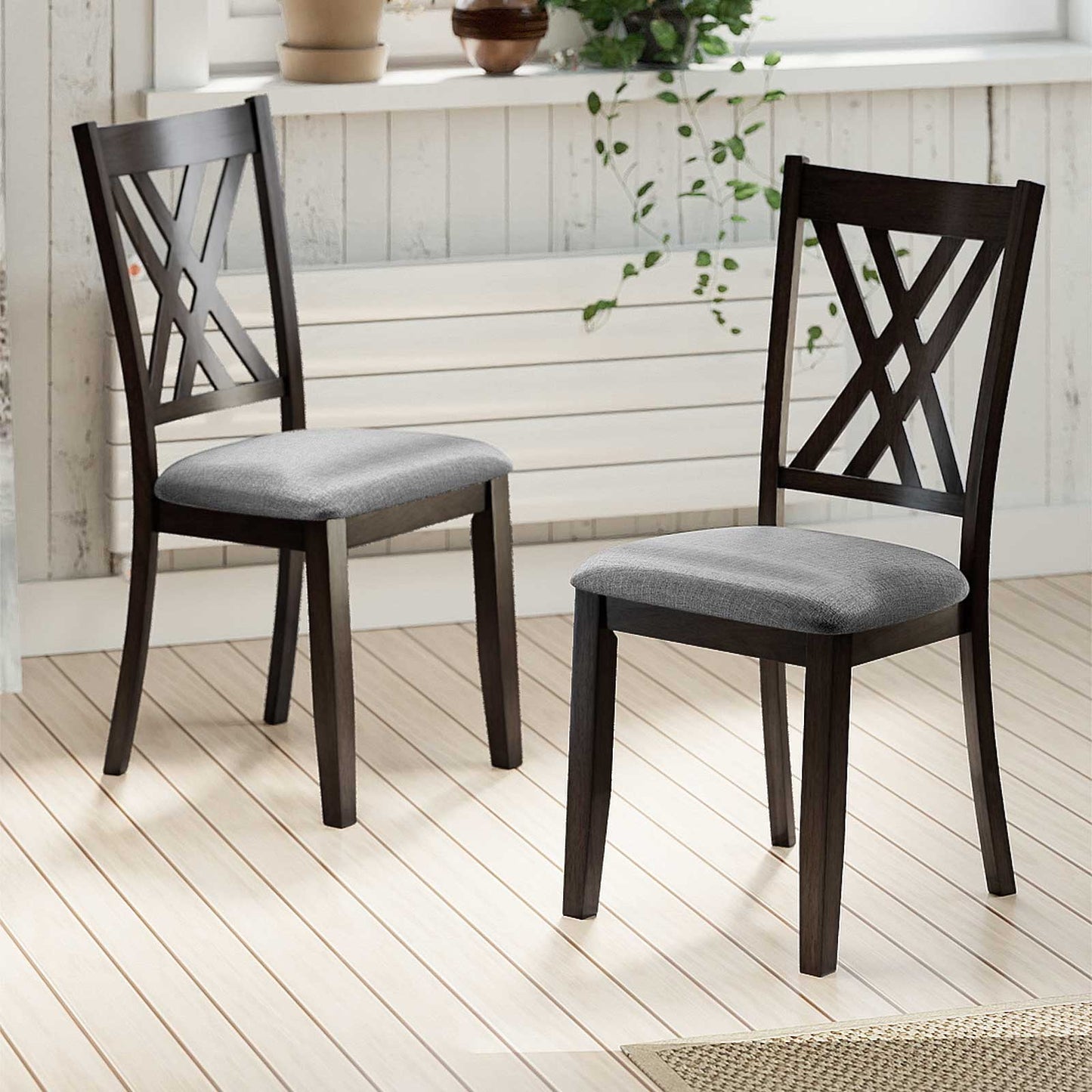 Linen Fabric Upholstered Wooden Dining Chair Set of 2 with Rubber Wood Frame for Dining Room-Gray