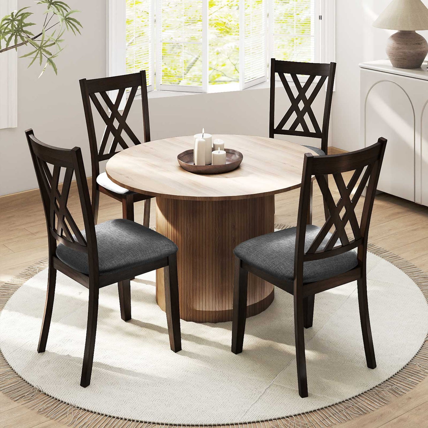 Linen Fabric Upholstered Wooden Dining Chair Set of 2 with Rubber Wood Frame for Dining Room-Gray