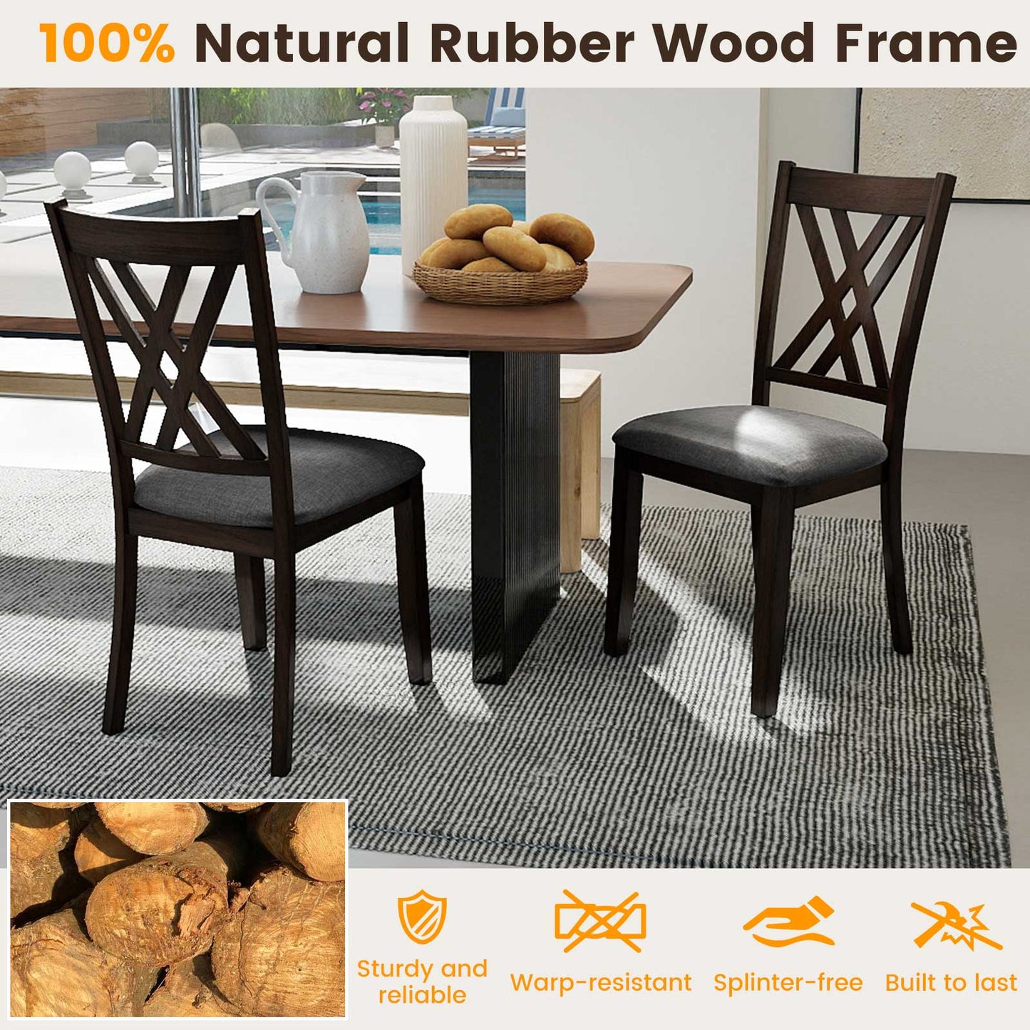 Linen Fabric Upholstered Wooden Dining Chair Set of 2 with Rubber Wood Frame for Dining Room-Gray