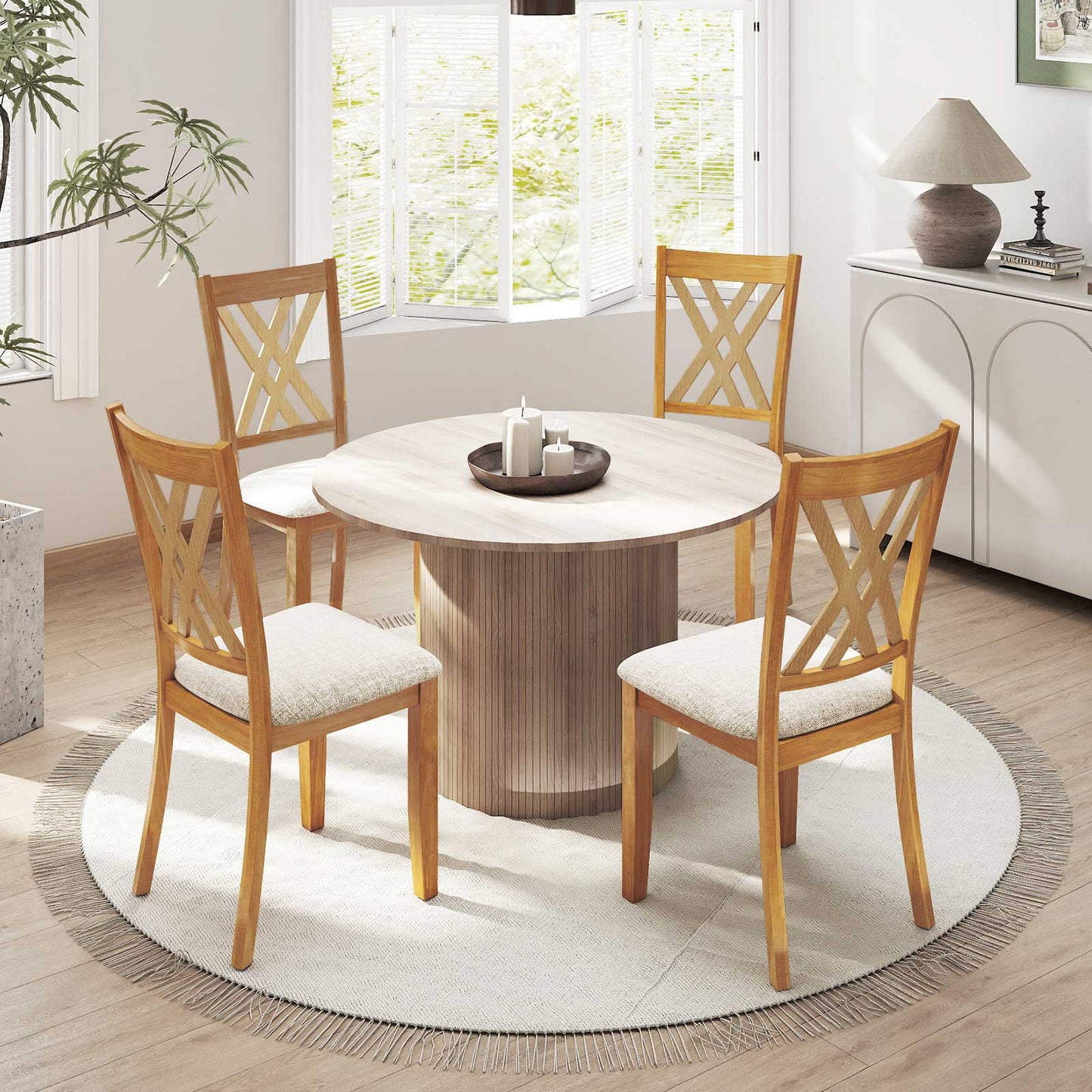 Linen Fabric Upholstered Wooden Dining Chair Set of 4 with Rubber Wood Frame for Dining Room-Natural