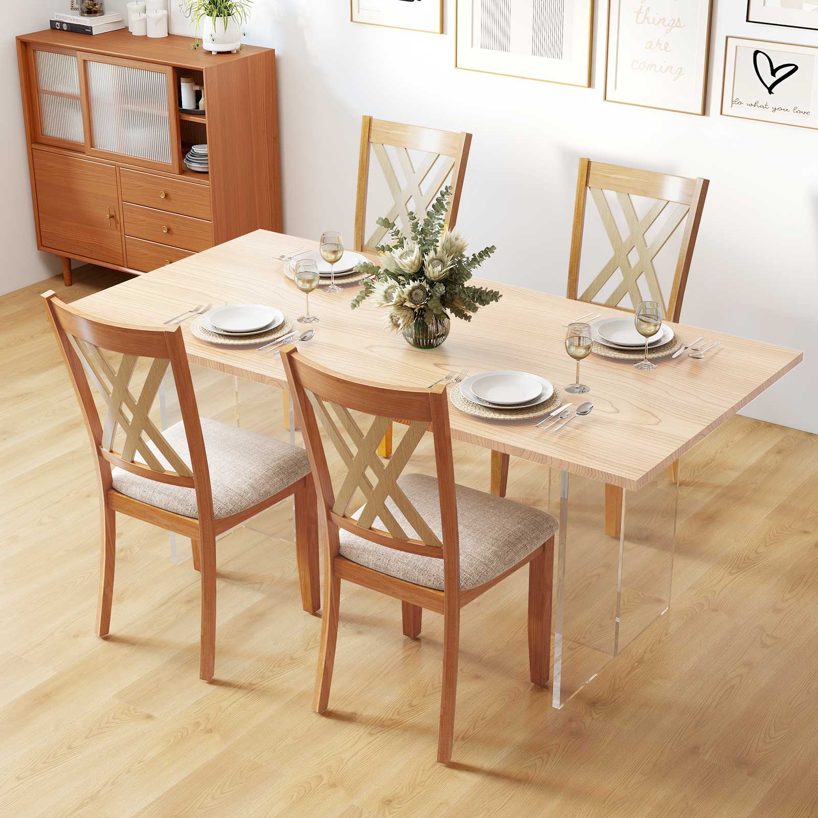 Linen Fabric Upholstered Wooden Dining Chair Set of 4 with Rubber Wood Frame for Dining Room-Natural