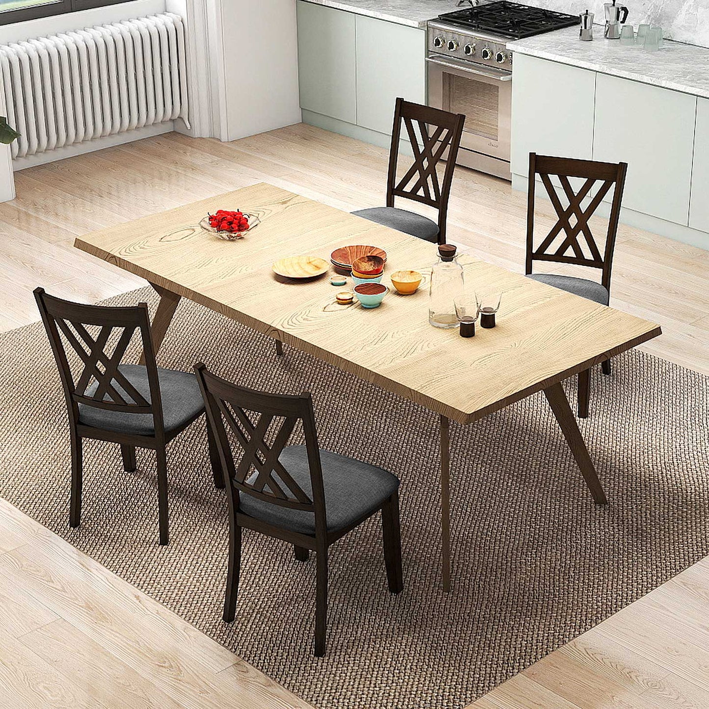 Linen Fabric Upholstered Wooden Dining Chair Set of 4 with Rubber Wood Frame for Dining Room-Gray
