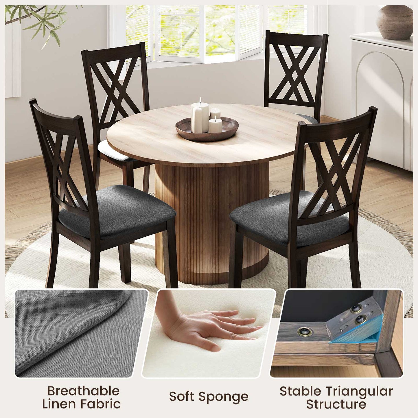 Linen Fabric Upholstered Wooden Dining Chair Set of 4 with Rubber Wood Frame for Dining Room-Gray