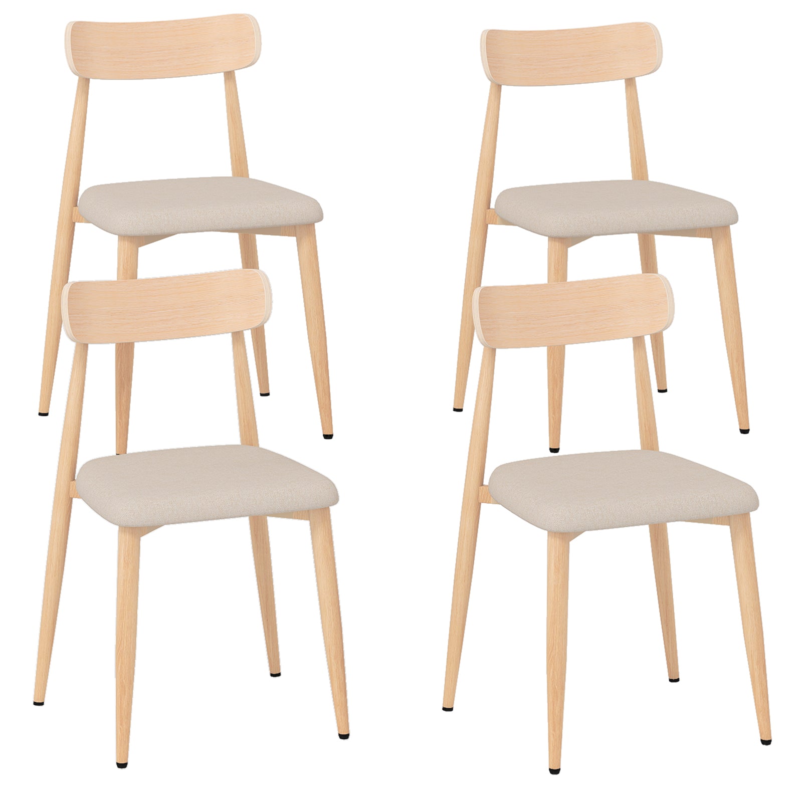 Linen Fabric Upholstered Modern Dining Chair Set of 4 with Padded Seat and Curved Back-Oak