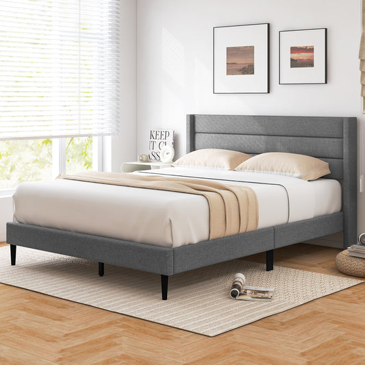 Linen Upholstered Platform Twin/Queen Bed Frame with Wingback Headboard