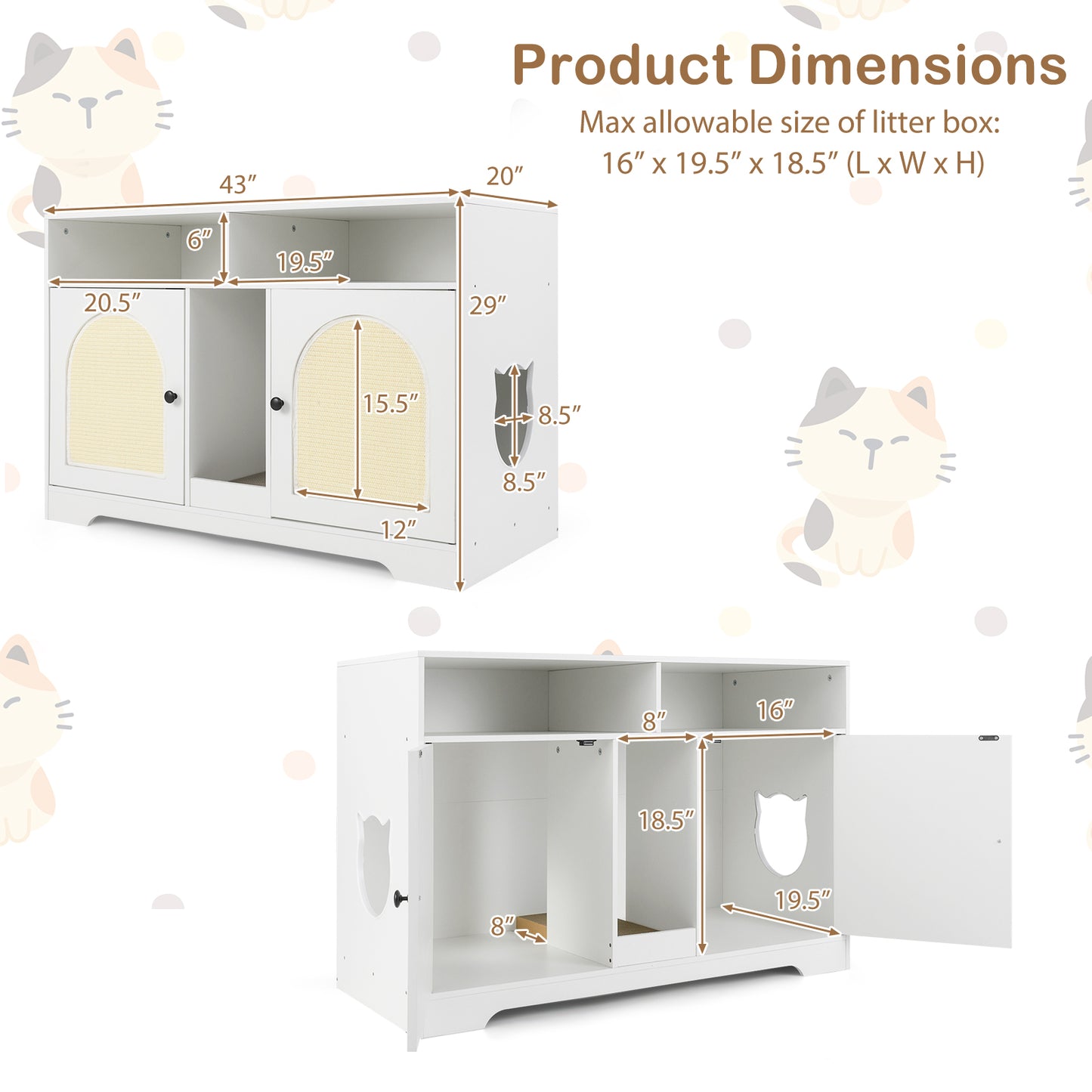 43 Inches Cat Litter Box Enclosure with Storage and Double Rooms-White
