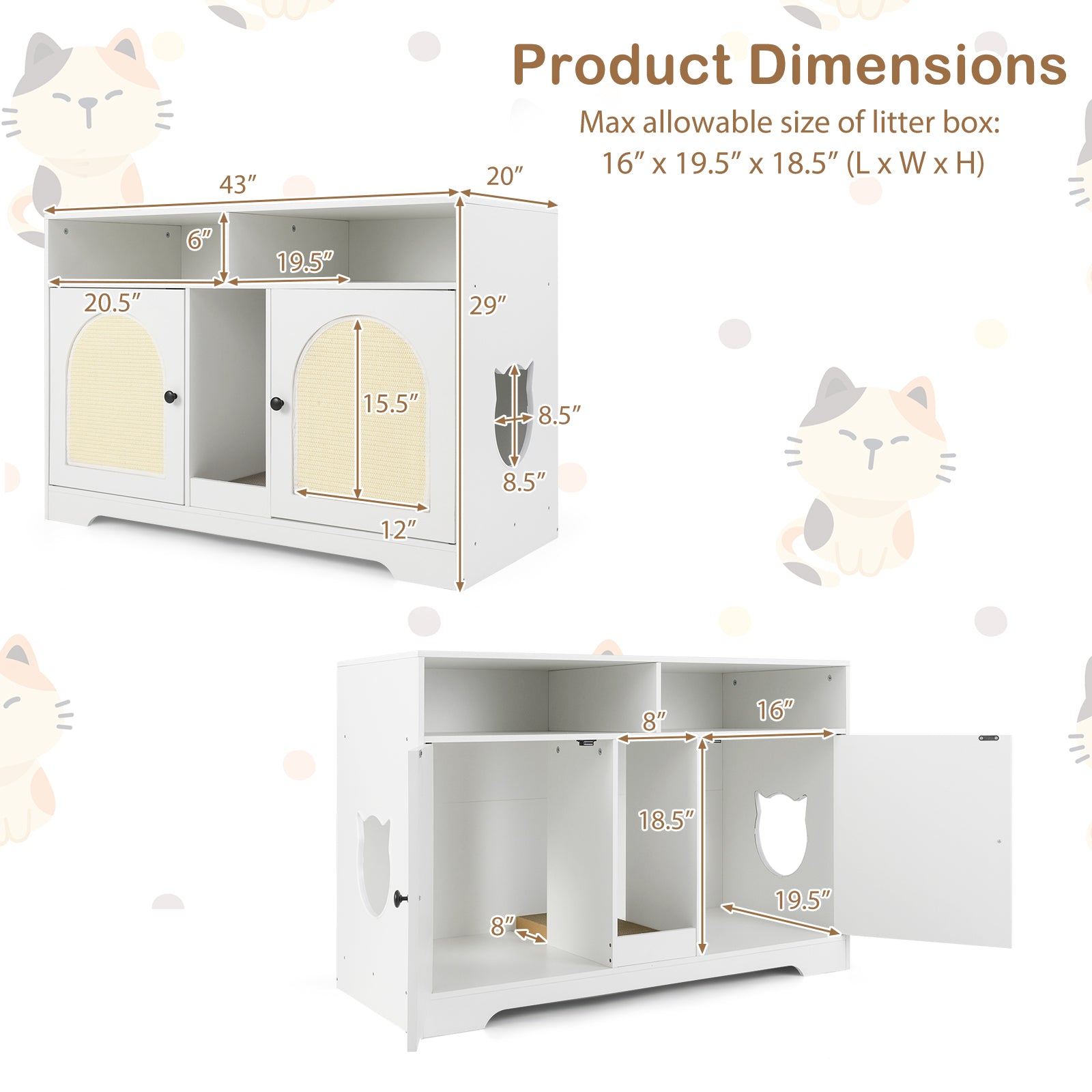 43 Inches Cat Litter Box Enclosure with Storage and Double Rooms-White