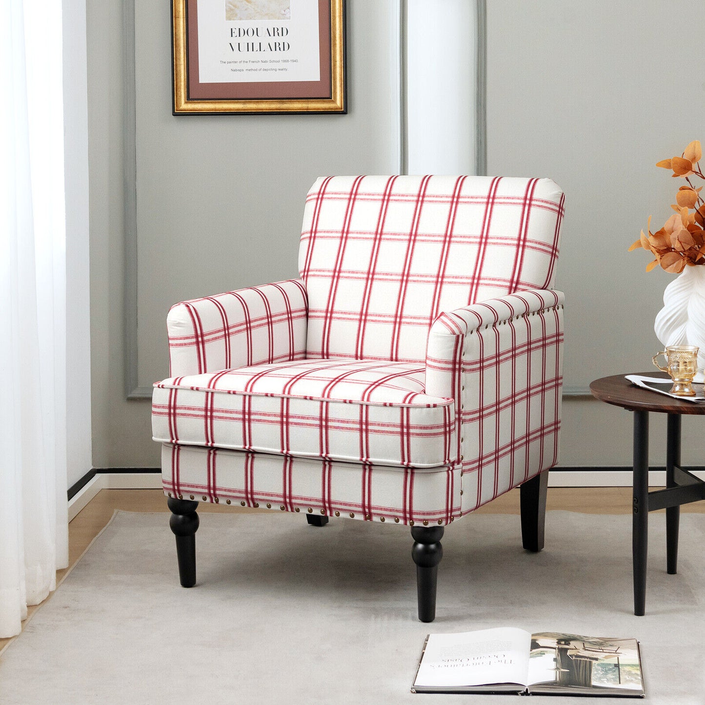 Modern Upholstered Padded Accent Chair with Rubber Wood Legs-Red