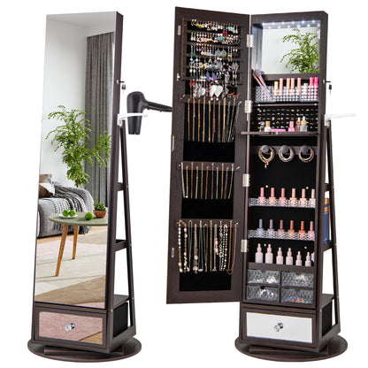 Lockable 360° Swivel Jewelry Cabinet with Full-Length Mirror LED Lights-White - Dark Brown