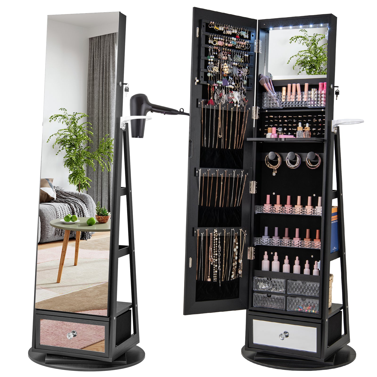 Lockable 360° Swivel Jewelry Cabinet with Full-Length Mirror LED Lights-White - Black