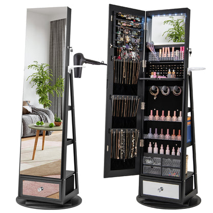 Lockable 360° Swivel Jewelry Cabinet with Full-Length Mirror LED Lights-White - Black