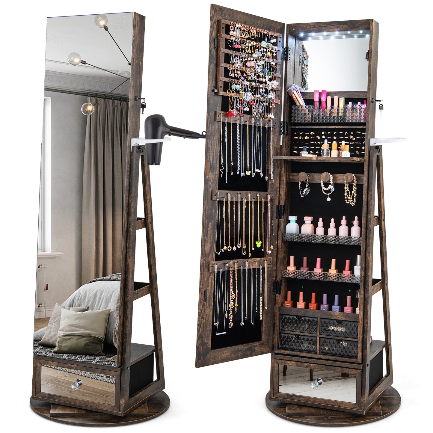 Lockable 360° Swivel Jewelry Cabinet with Full-Length Mirror LED Lights-White - Rustic Brown