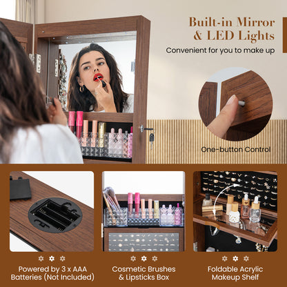 Lockable 360° Swivel Jewelry Cabinet with Full-Length Mirror LED Lights