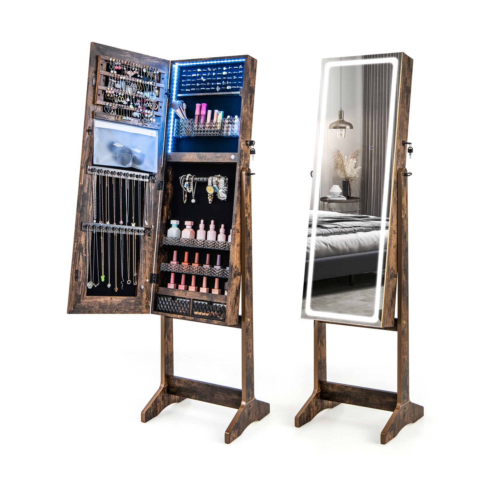 Lockable Jewelry Armoire Standing Cabinet with Lighted Full-Length Mirror-White - Rustic Brown