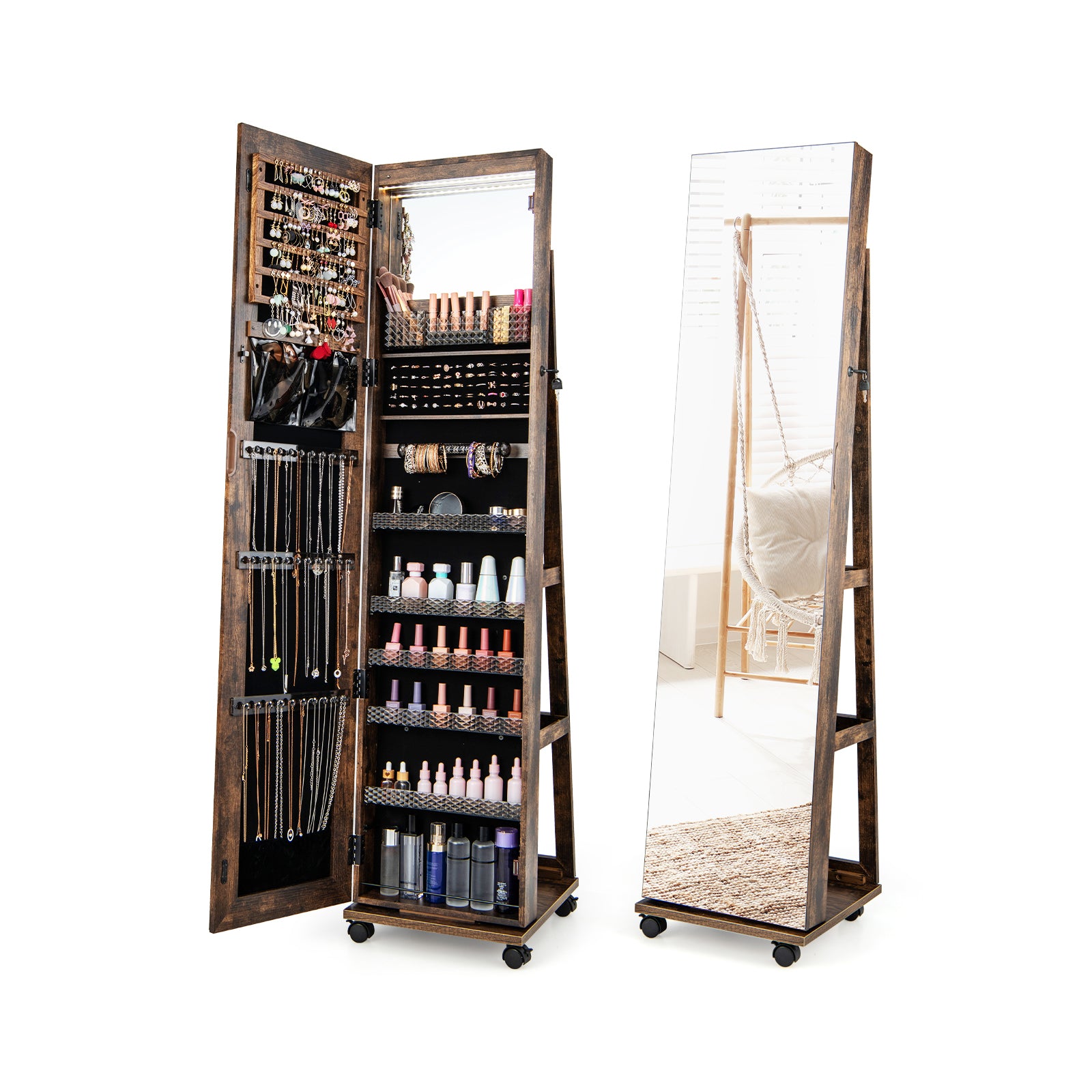 64 Inches Lockable Jewelry Cabinet Armoire with Built-in Makeup Mirror-White - Coffee