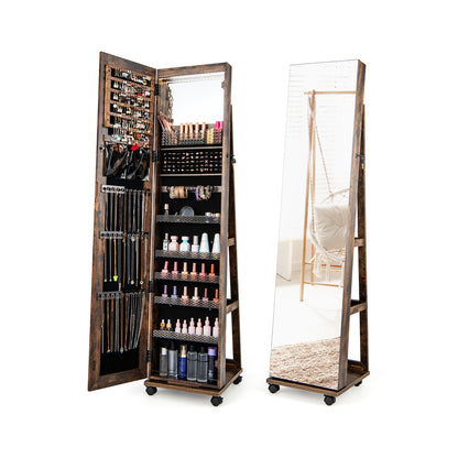 64 Inches Lockable Jewelry Cabinet Armoire with Built-in Makeup Mirror-White - Coffee