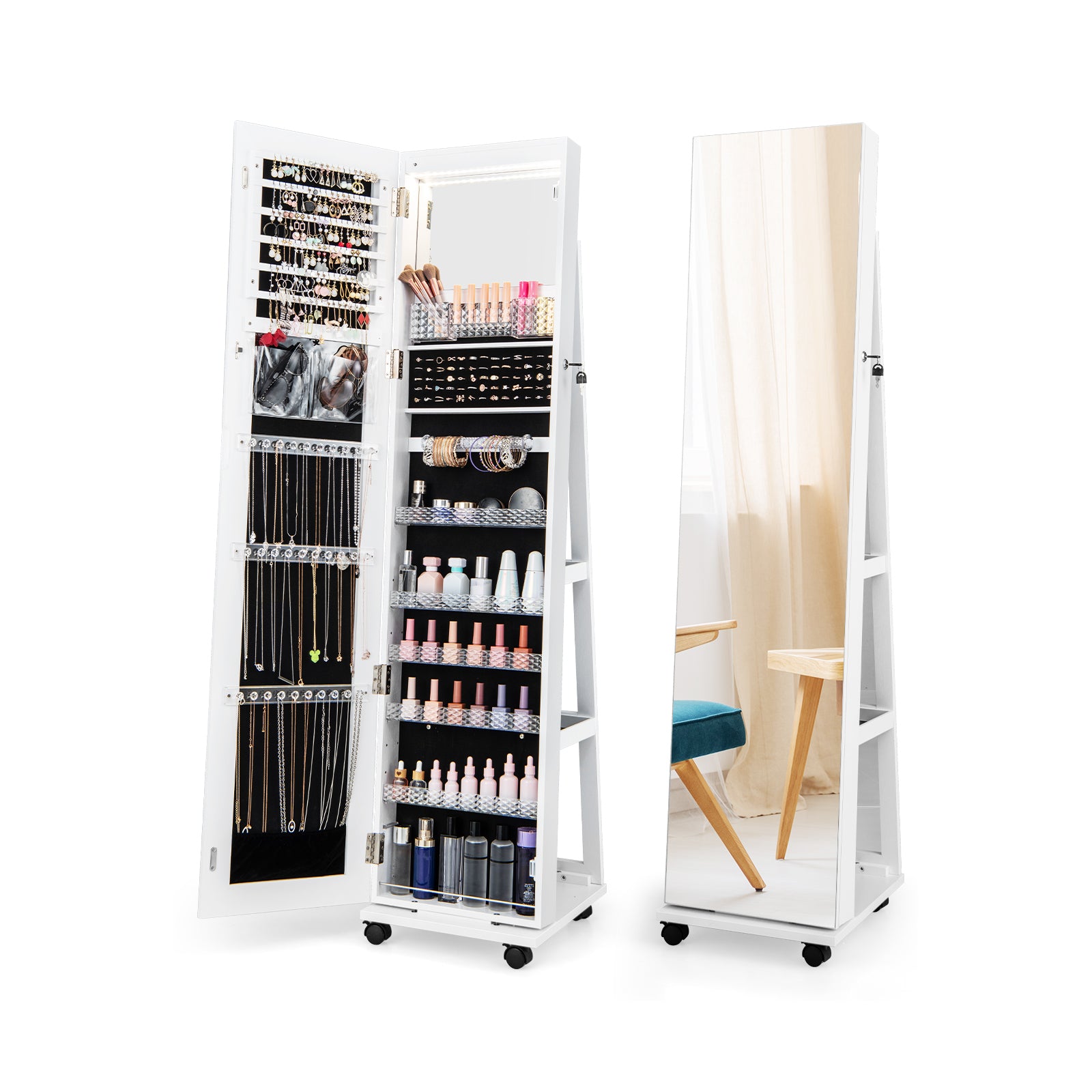 64 Inches Lockable Jewelry Cabinet Armoire with Built-in Makeup Mirror-White - White