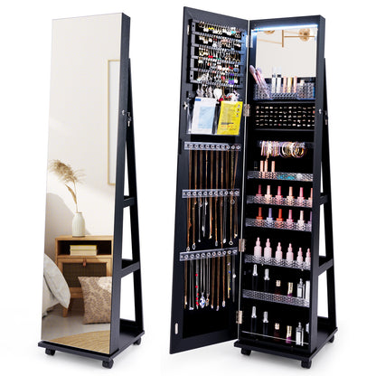 64 Inches Lockable Jewelry Cabinet Armoire with Built-in Makeup Mirror-White - Black