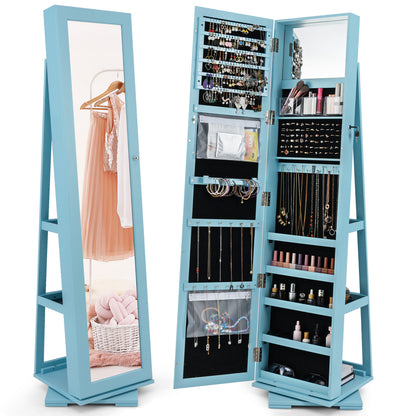 360° Rotatable 2-in-1 Lockable Jewelry Cabinet with Full-Length Mirror-Gray - Blue