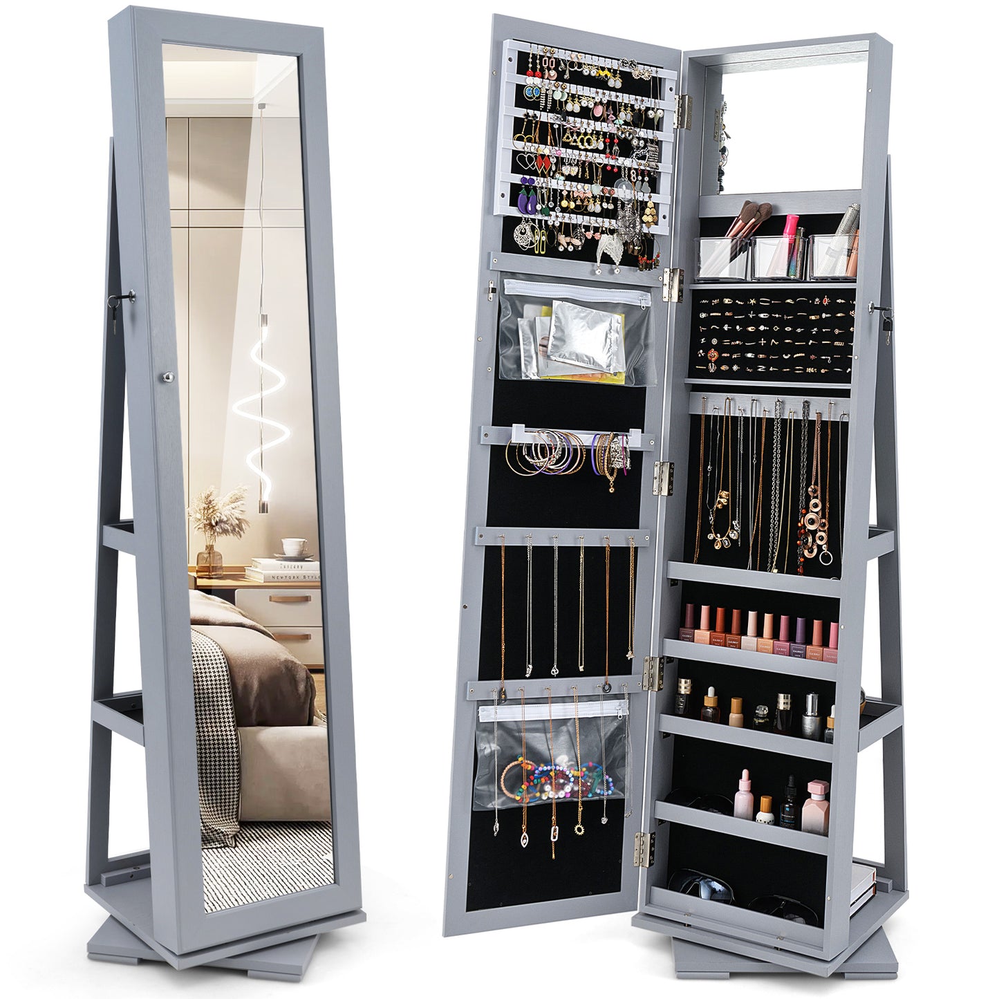 360° Rotatable 2-in-1 Lockable Jewelry Cabinet with Full-Length Mirror-Gray - Gray