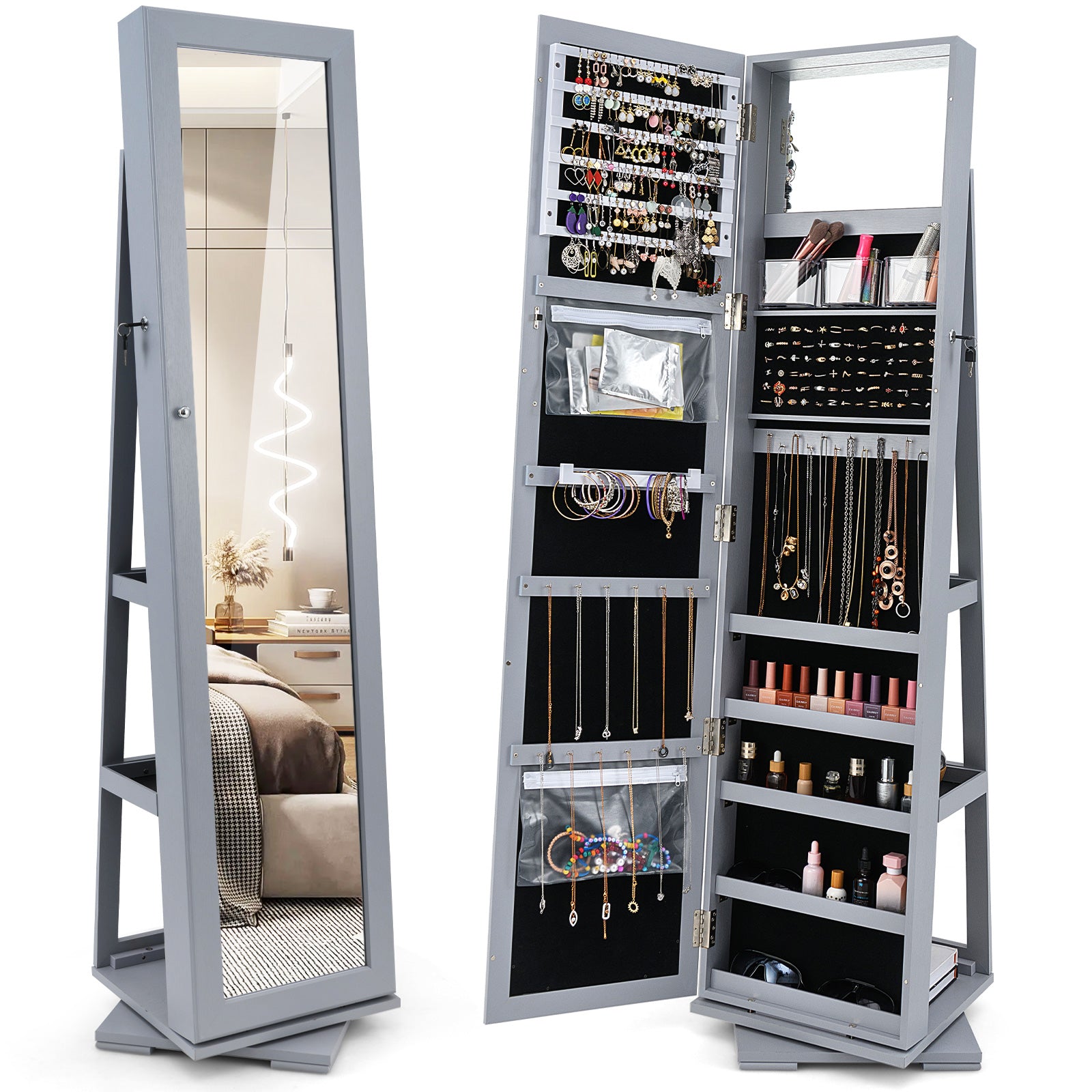360° Rotatable 2-in-1 Lockable Jewelry Cabinet with Full-Length Mirror-Gray - Gray