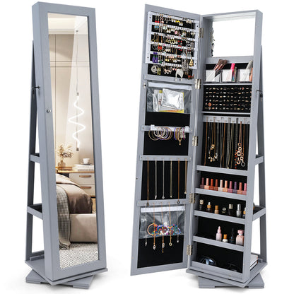 360° Rotatable 2-in-1 Lockable Jewelry Cabinet with Full-Length Mirror-Gray - Gray