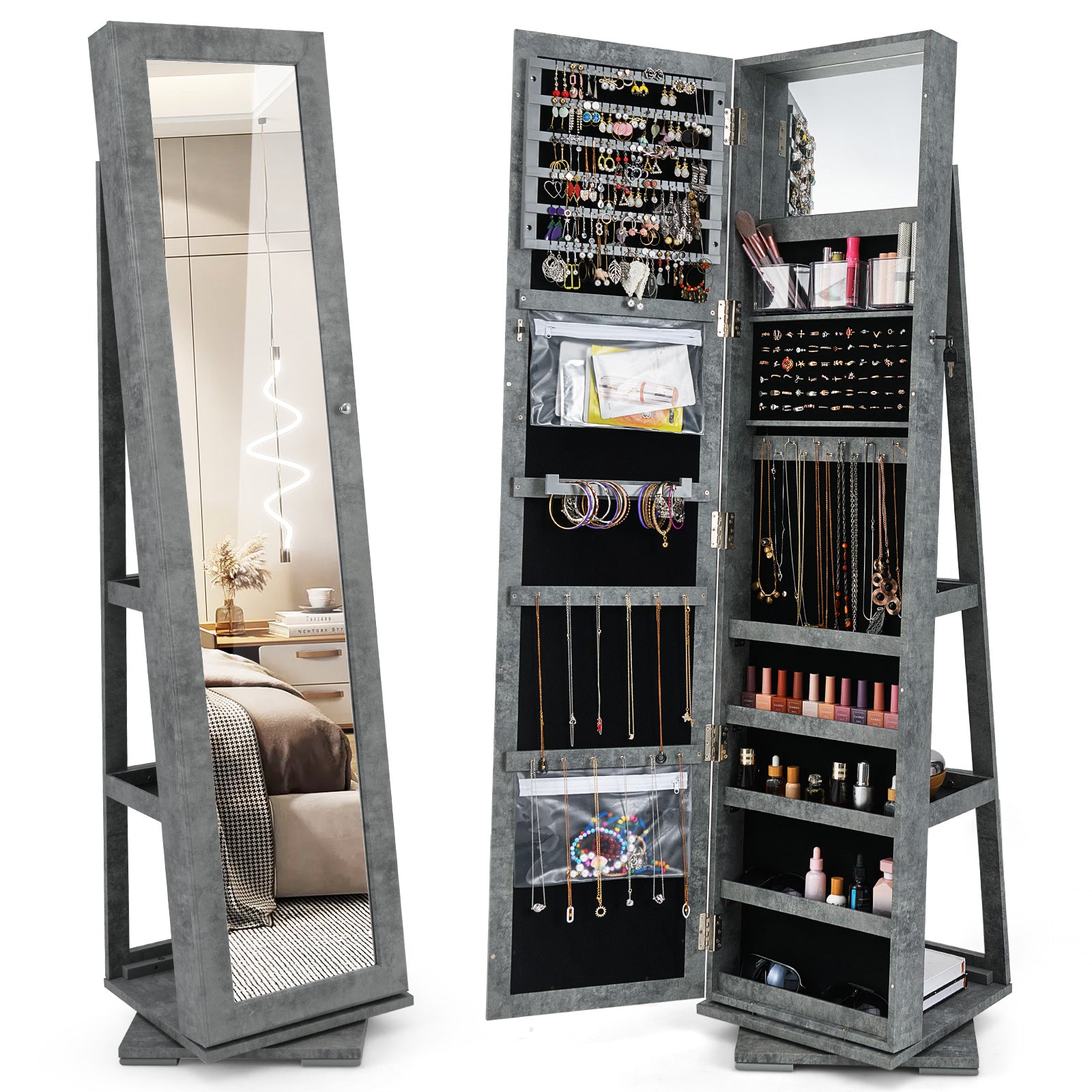 360° Rotatable 2-in-1 Lockable Jewelry Cabinet with Full-Length Mirror-Gray - Green