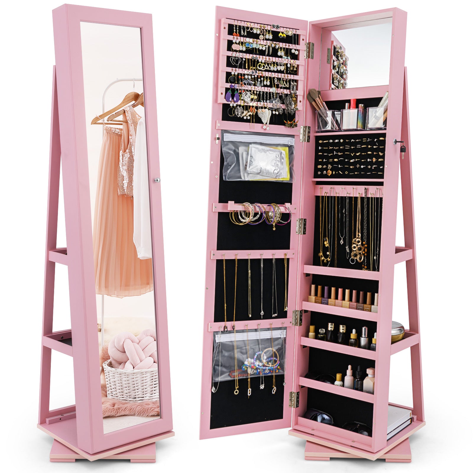 360° Rotatable 2-in-1 Lockable Jewelry Cabinet with Full-Length Mirror-Gray - Pink