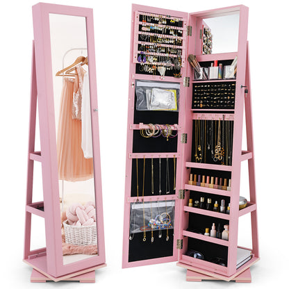 360° Rotatable 2-in-1 Lockable Jewelry Cabinet with Full-Length Mirror-Gray - Pink