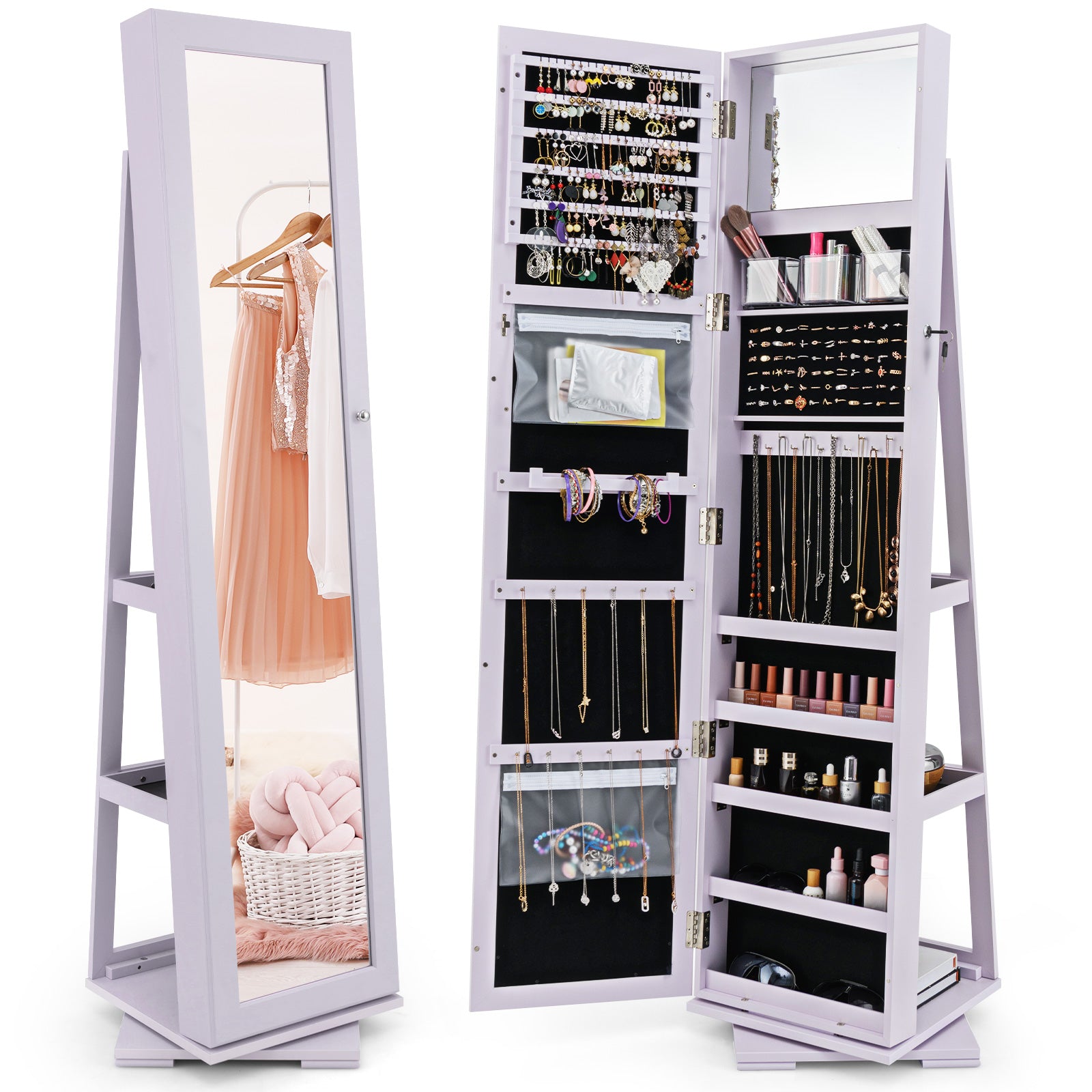 360° Rotatable 2-in-1 Lockable Jewelry Cabinet with Full-Length Mirror-Gray - Purple