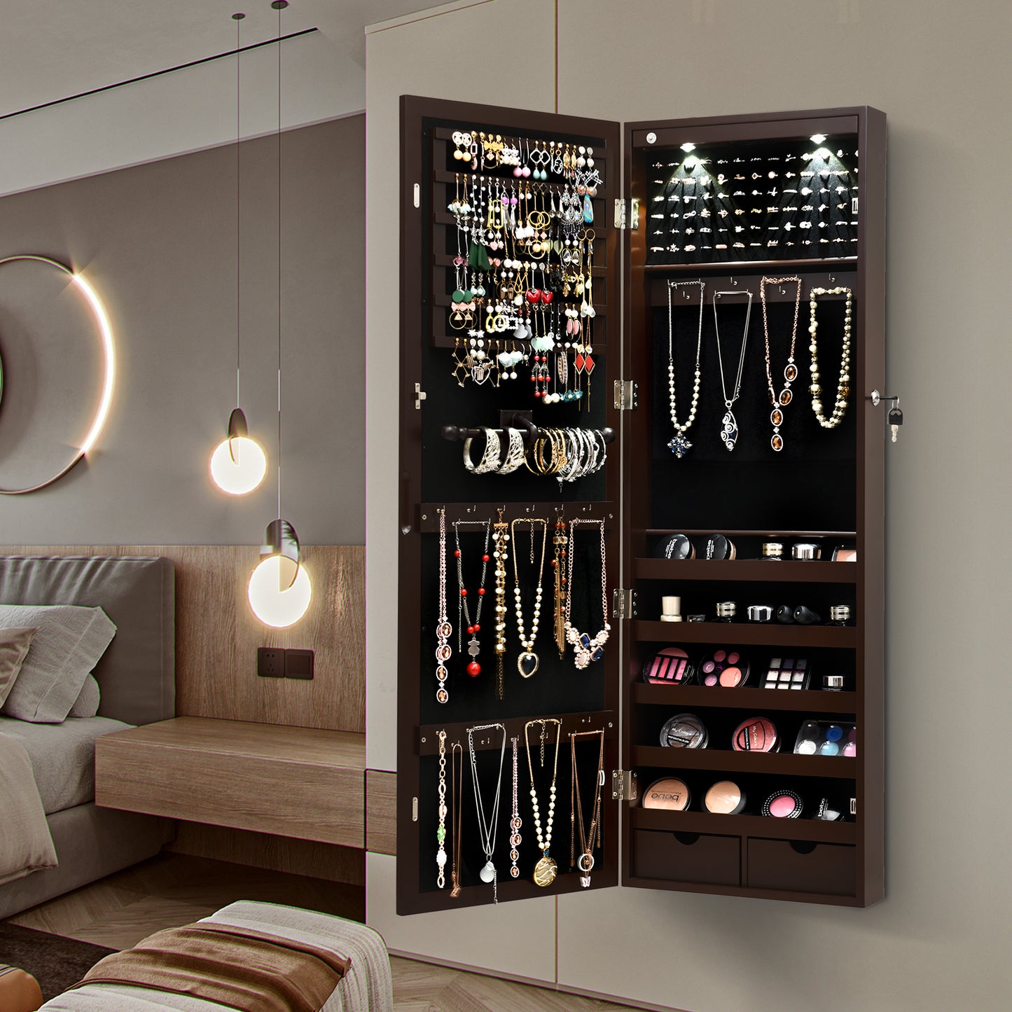 Lockable Wall Mount Mirrored Jewelry Cabinet with LED Lights-Brown