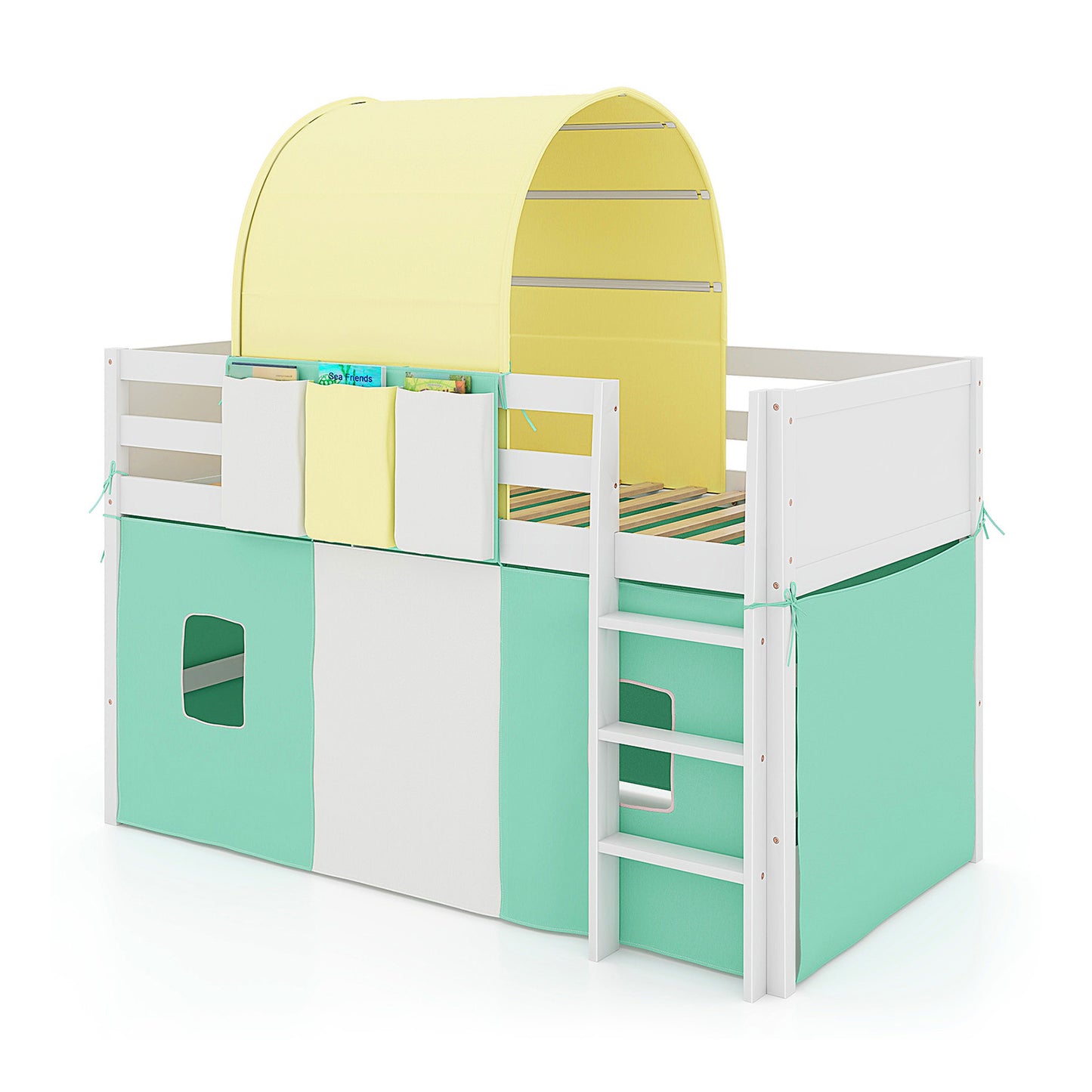 Twin Size Loft Bed Playhouse Bed Frame with Tower Tent and 3 Storage Pockets-Navy - Turquoise