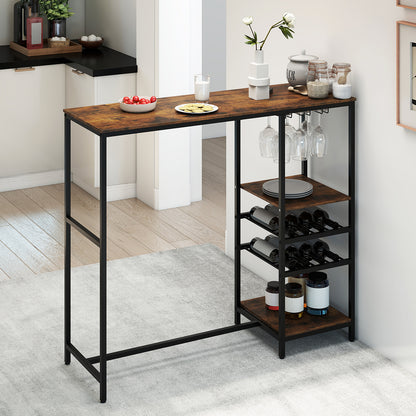 Long Bar Table Bar Height Dining Table with Storage Shelves-Rustic Brown
