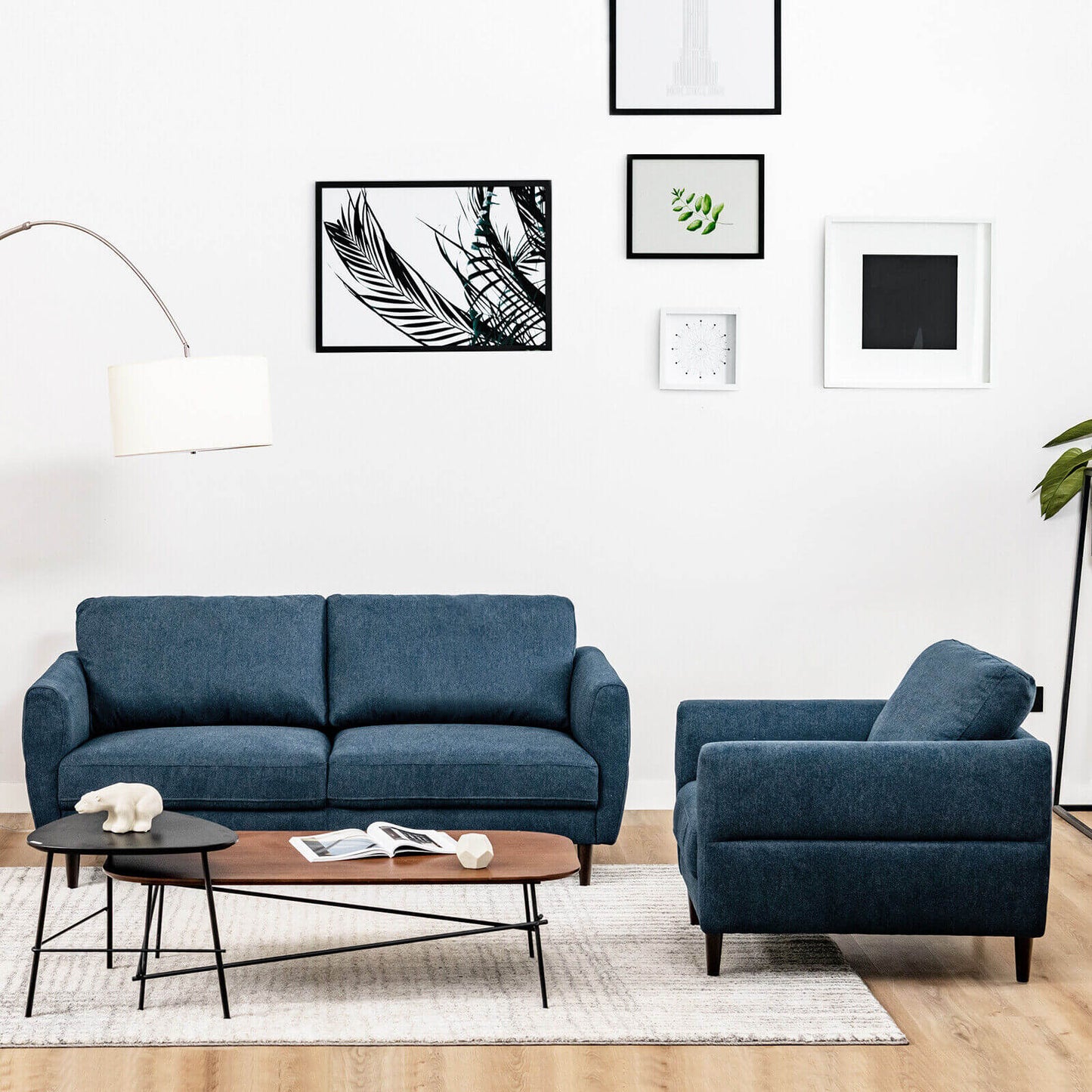 2 Pieces Upholstered Sofa Set with Removable Cushion Covers-Navy