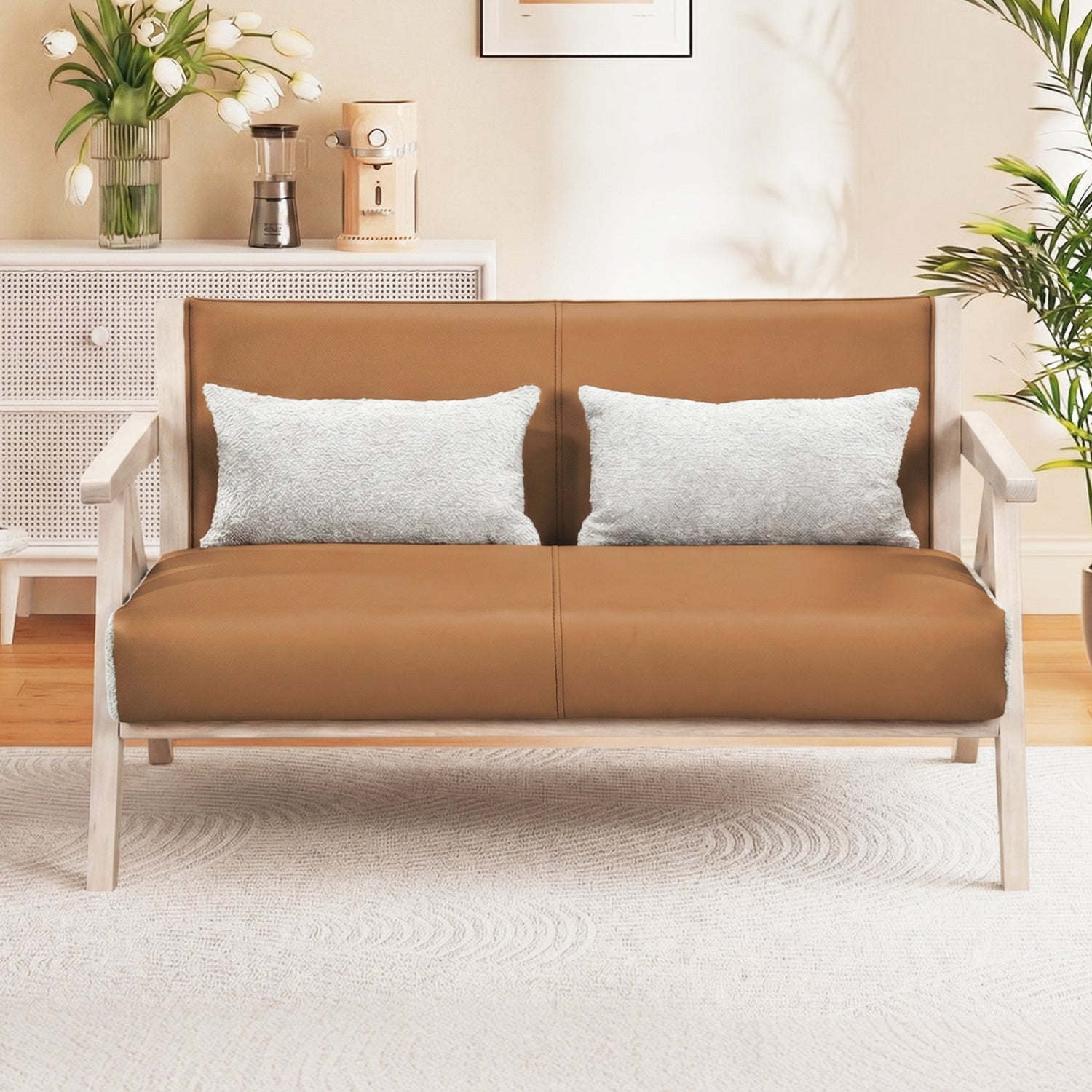 Loveseat Sofa for Small Spaces with Throw Pillows Rubber Wood Frame Padded Seat