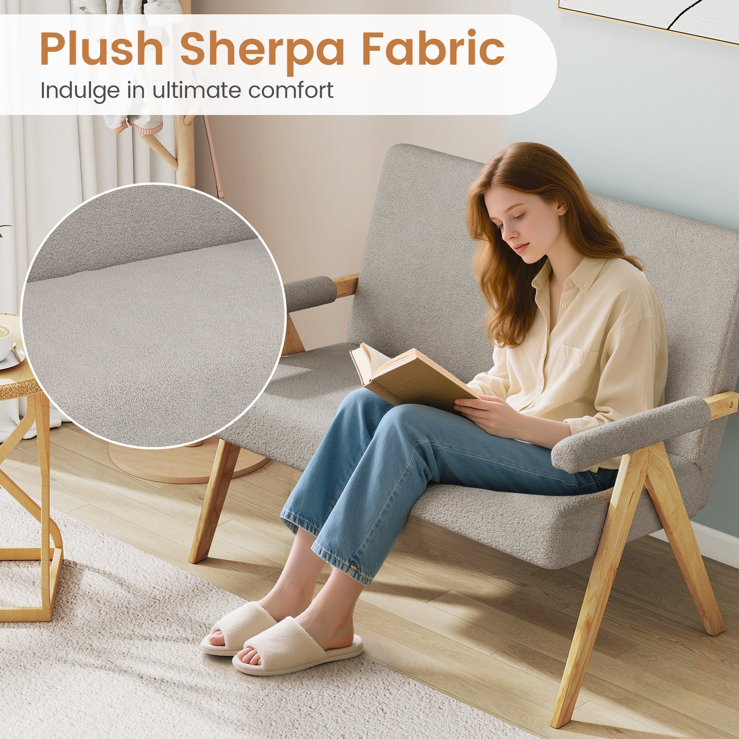 Loveseat Sofa with Armrests and Wooden Legs-Gray