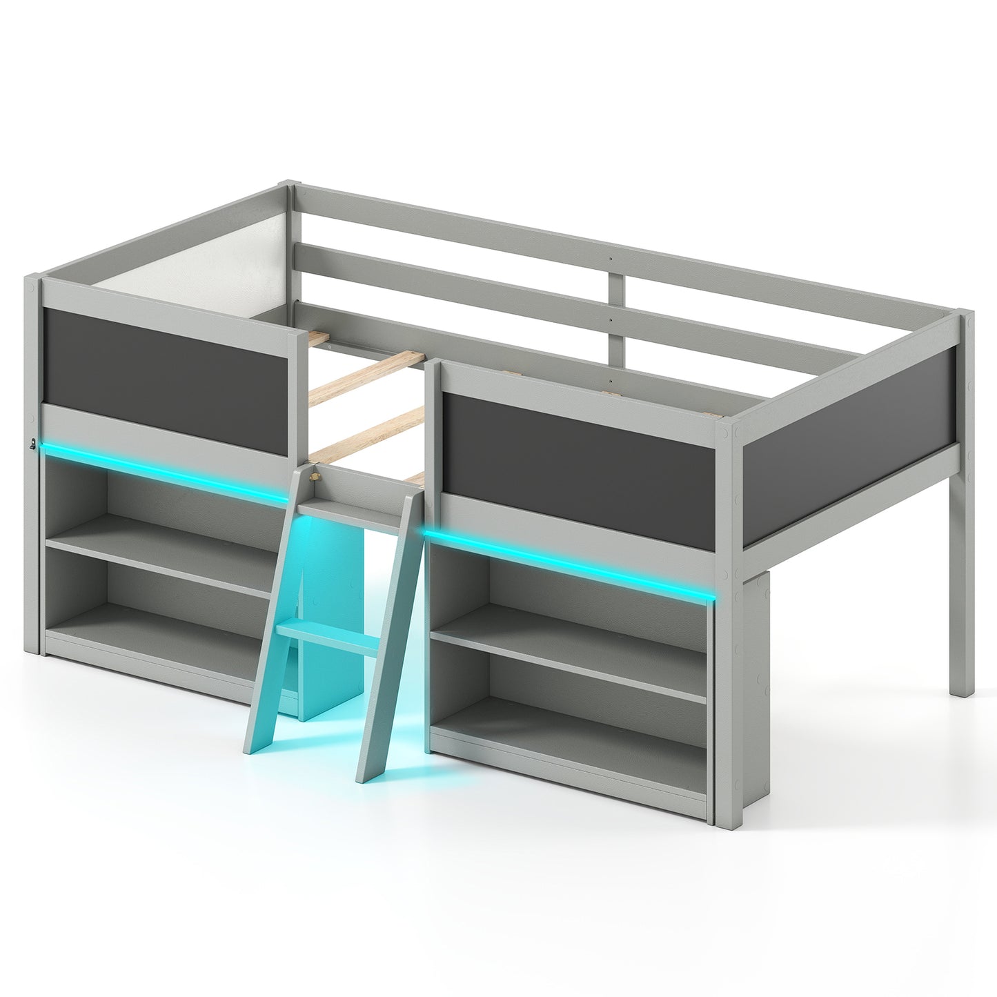 Low Loft Bed with LED Lights Kid's Cabin Bed with Bookcases-Gray - Gray