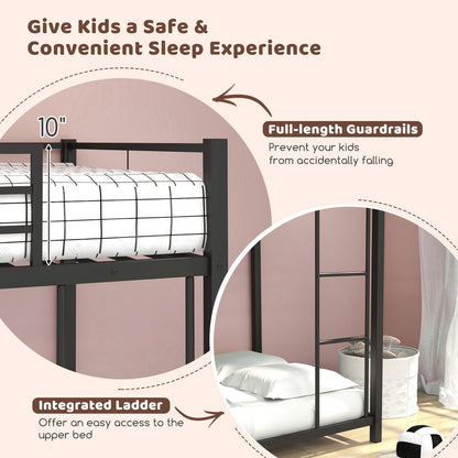 Low Profile Twin Over Twin Metal Bunk Bed with Full-length Guardrails