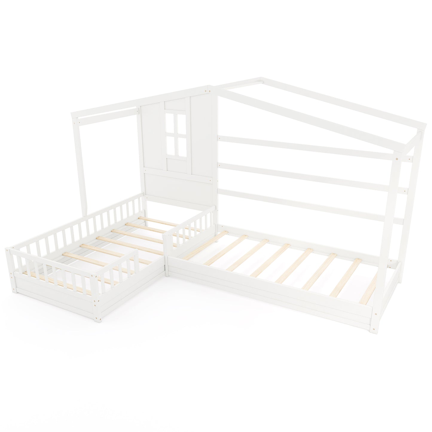 L-shaped Double Twin Beds House Platform Beds with Fences Corner Bed Frame-Gray - White