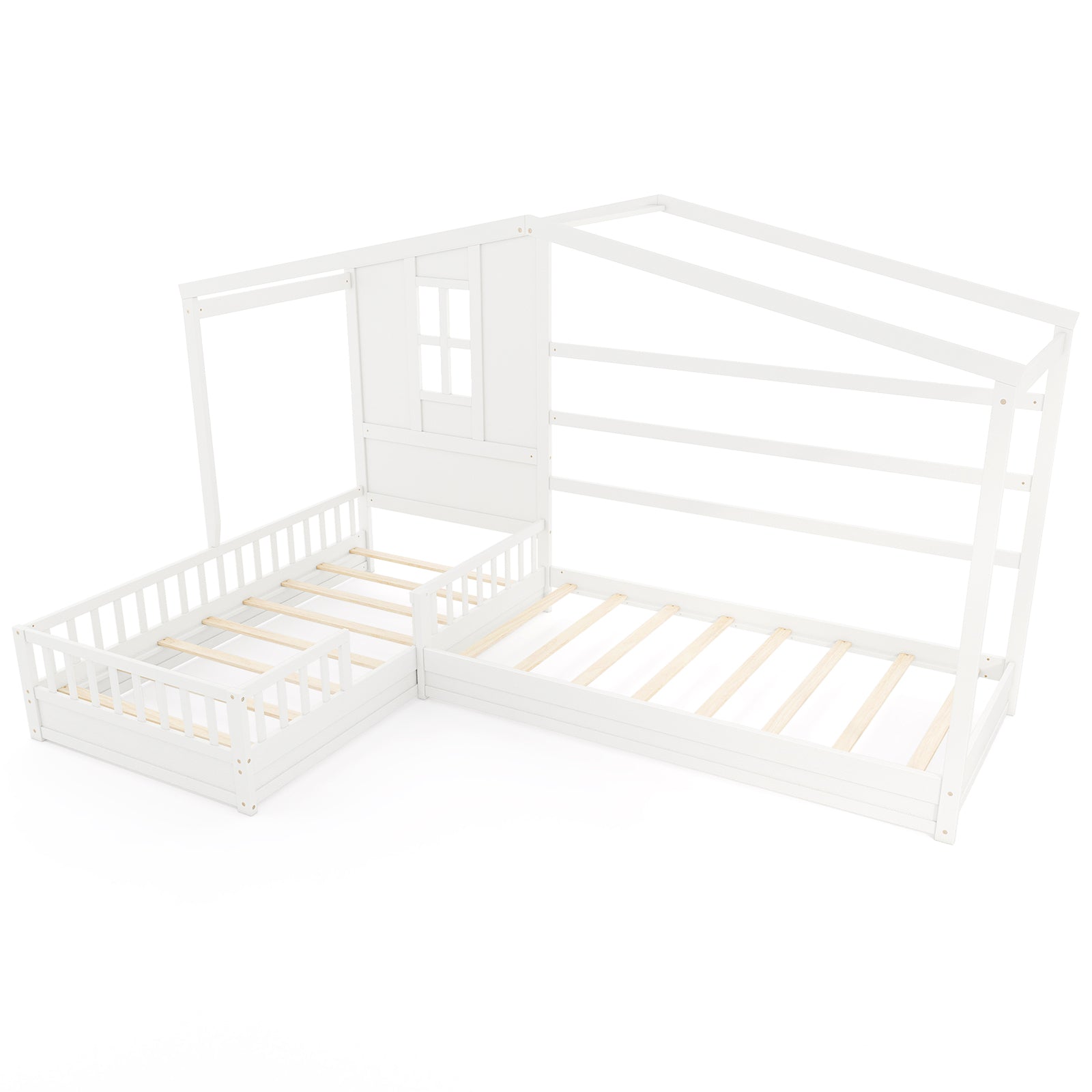 L-shaped Double Twin Beds House Platform Beds with Fences Corner Bed Frame-Gray - White
