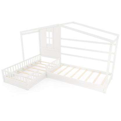 L-shaped Double Twin Beds House Platform Beds with Fences Corner Bed Frame-Gray - White