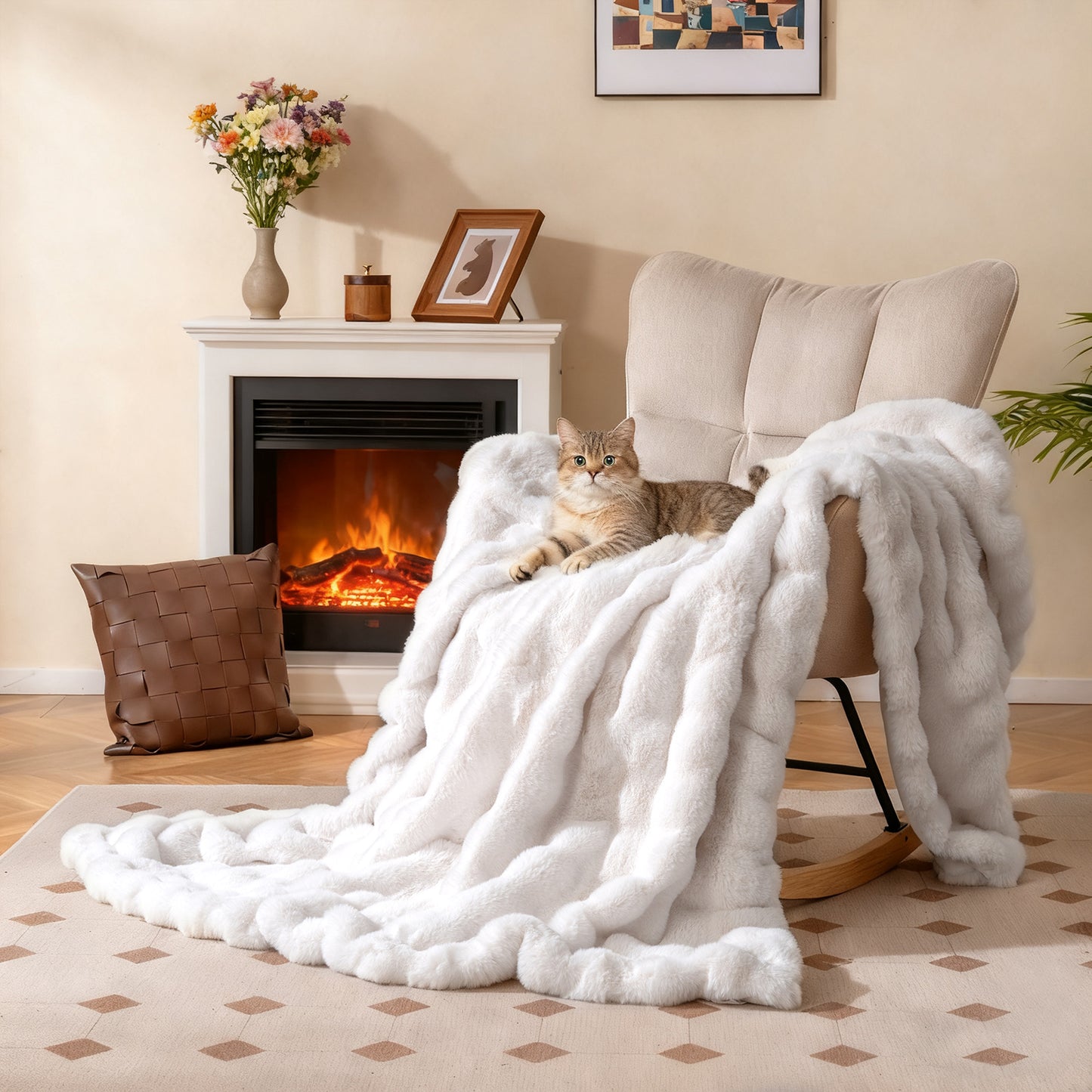 Luxury Fuzzy Plush Rabbit Fur Bubble Blanket for Armchair-White