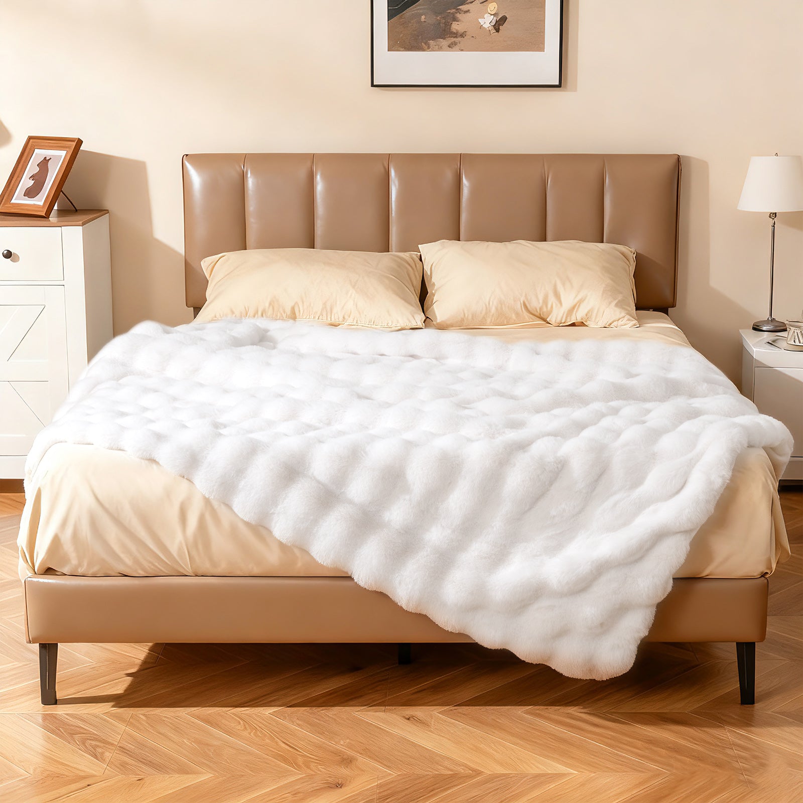Luxury Fuzzy Plush Rabbit Fur Bubble Blanket for Armchair-White