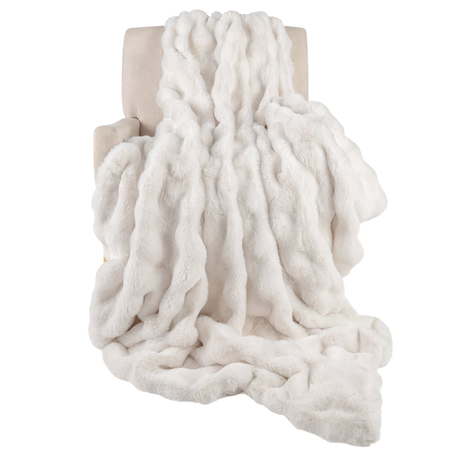 Luxury Fuzzy Plush Rabbit Fur Bubble Blanket for Armchair-White